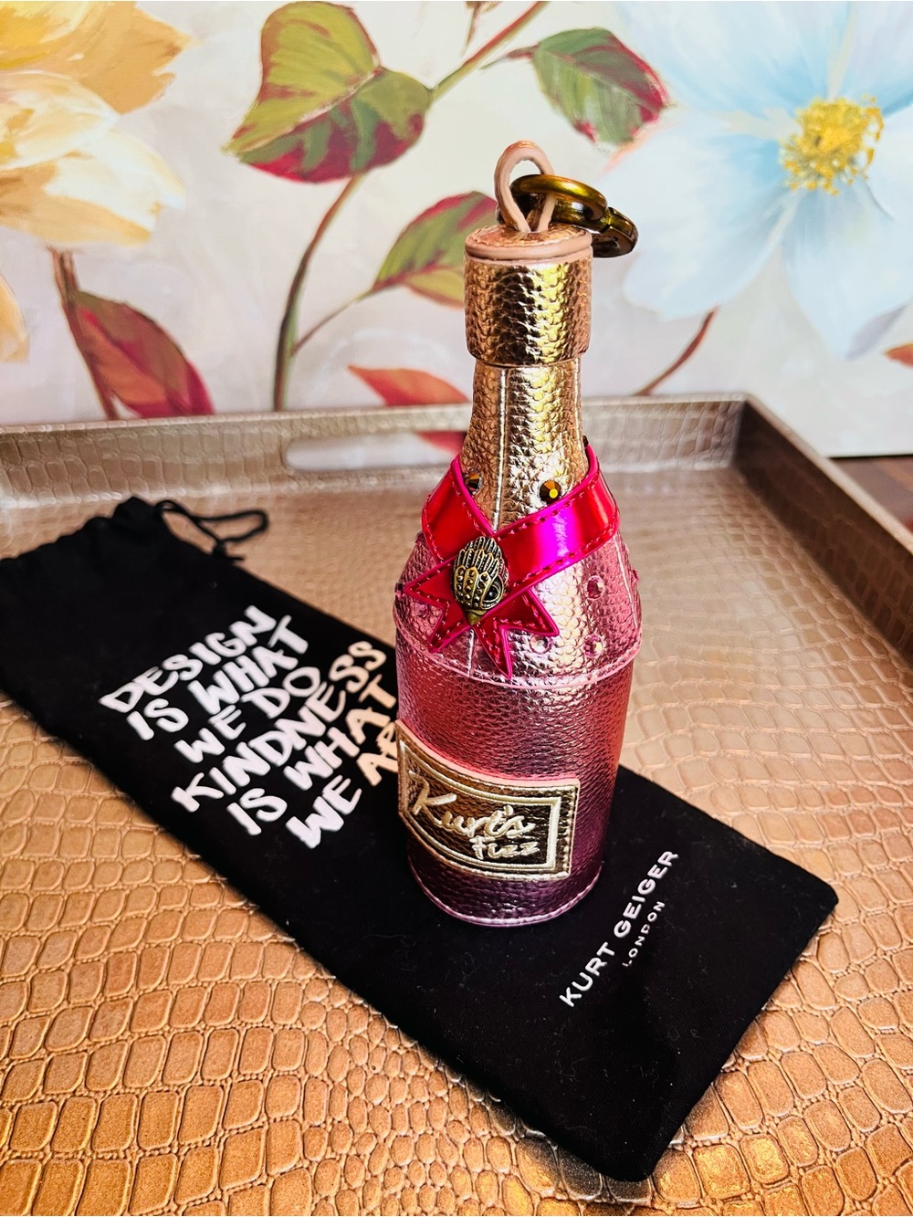 Kurt Geiger Metallic Pink Bottle Bag Charm w/Gold Hardware & Dustbag (Like New)